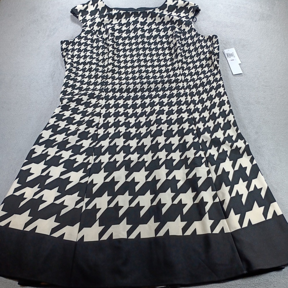 Suite 7 Womens Houndstooth Shift Dress Black Ivory 22W Sleeveless Border Hem